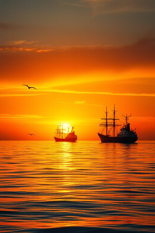 Create a serene sunset seascape with two silhouetted ships on calm waters, warm orange and gold hues in the sky, soft reflections on the water, birds flying in the background, captured with a DSLR camera at f/8, ISO 100, 1/100s shutter speed, wide-angle lens, and HDR style for enhanced detail and dynamic range.