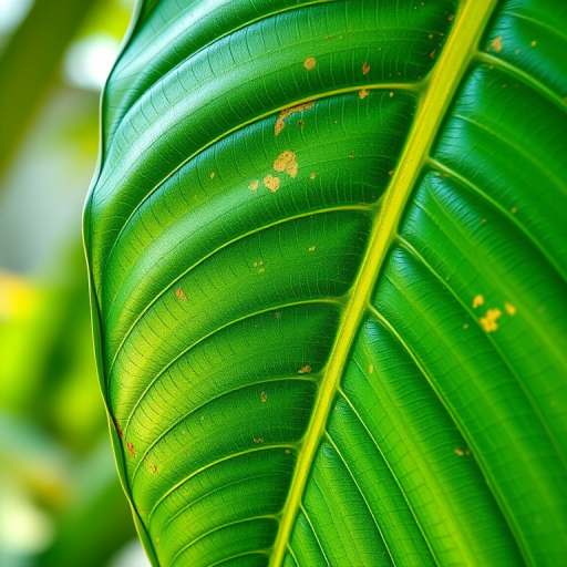 Capture a close-up image of a large tropical leaf with intricate textures and vibrant colors against a softly blurred background, using a DSLR camera, with a 50mm lens, aperture set to f/2.8 for shallow depth of field, ISO 100 for crisp clarity, and natural lighting to enhance the leaf's details.