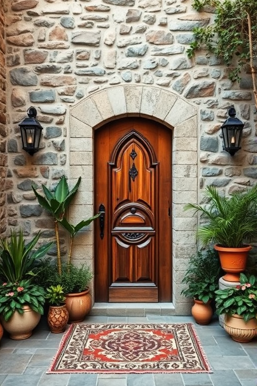 Generate an image of a rustic stone wall with an ornate wooden door, surrounded by various potted plants, a decorative rug in front, and lantern-style wall sconces, captured in a soft natural light with a DSLR camera at f/2.8, ISO 100, 50mm lens, using a shallow depth of field for enhanced detail and texture.