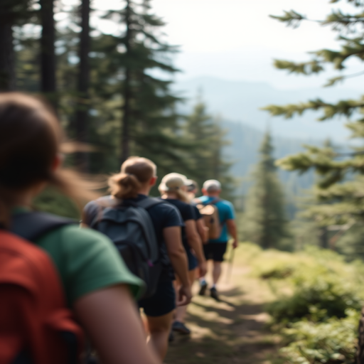 Blurry, candid photo of a group of friends hiking along a forest trail, soft light filtering through the trees, with distant mountains barely visible in the background.