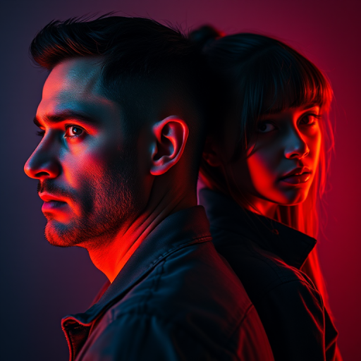 Create a dramatic portrait of a man and a girl back-to-back, with intense expressions, illuminated by colorful lighting that suggests a tense atmosphere; use a Canon EOS R5 camera, standard lens at f/2.8, ISO 100, 1/200 second shutter speed, side view angle, cinematic style for enhanced detail and depth.