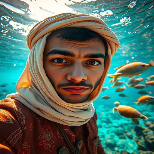 Realistic selfie image of a Sahrawi, wearing a vintage outfit, detailed dreamy eyes, droopy hooded eyes, staring at the camera, taken underwater at coral reef with a sunbeam filtering through the water, vibrant, summer vacation, natural lighting, turtle and school of tropical fish with vibrant colors, rendered in the style of CryEngine, Pegi Nicol MacLeod, with realistic genre scenes, hauntingly beautiful narratives, ultra-realism, and Thomas Saliot's close-up technique, 8K resolution, crystal clear and sparkling water.