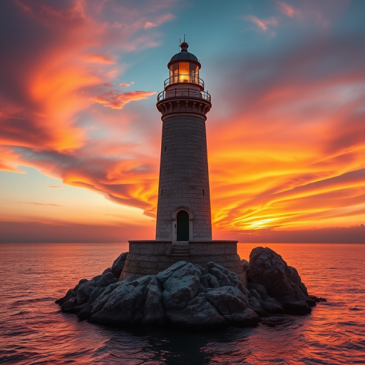 Generate an image of a tall lighthouse perched on a rocky outcrop surrounded by calm ocean waters during a breathtaking sunset. The lighthouse stands sturdy and weathered, its stone surface illuminated by the warm golden light of the setting sun. The sun's rays pass directly through the glass lantern room at the top of the lighthouse, casting a brilliant light across the scene. The sky is painted with vibrant shades of orange, pink, and purple, reflecting off the tranquil sea. The surrounding water shimmers with the same warm hues, creating a serene and majestic atmosphere.