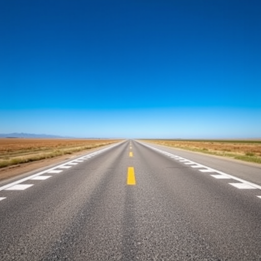 A long, straight road leading into the distance with a checkered pattern on the sides under a clear blue sky, shot with a DSLR camera at f/8, ISO 100, 1/200s, taken from a low angle wide-angle lens perspective to emphasize depth and enhance the image quality.