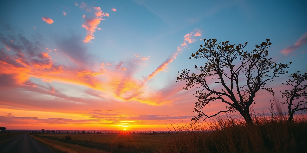 Generate a high-resolution image of a serene landscape at sunset with vibrant colors, using a DSLR camera, 35mm lens at f/2.8, ISO 100, 1/250 shutter speed, taken from a low angle for depth and perspective, in natural lighting for enhanced detail and texture.