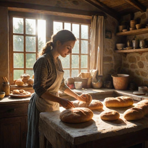 Rustic kitchen of a countryside cottage, sunlight streaming through the window, a woman bakes bread at the counter, the smell of fresh dough filling the cozy space.