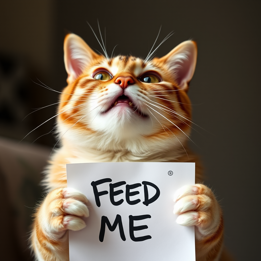 cat holding a note which says "FEED ME"