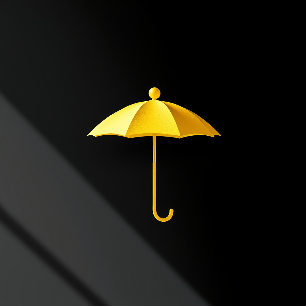Create a high-resolution image of a minimalist yellow geometric shape resembling an umbrella with a circular top, captured using a DSLR camera at f/2.8 aperture, ISO 100, 50mm lens, in natural light, with a shallow depth of field to enhance focus on the shape against a solid black background.