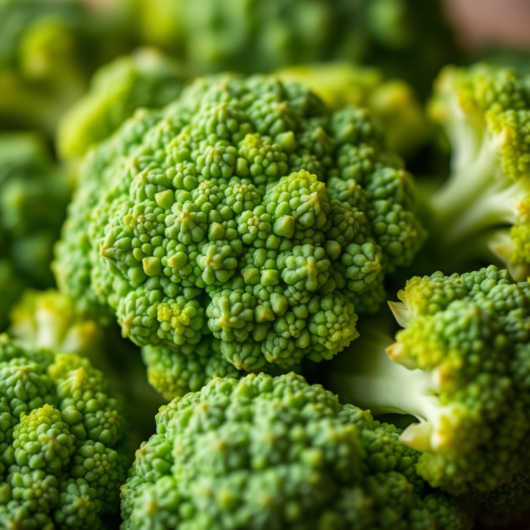 Close-up shot of fresh broccoli florets with a shallow depth of field, ISO 100, f/2.8 aperture, 50mm lens, natural light, DSLR camera
