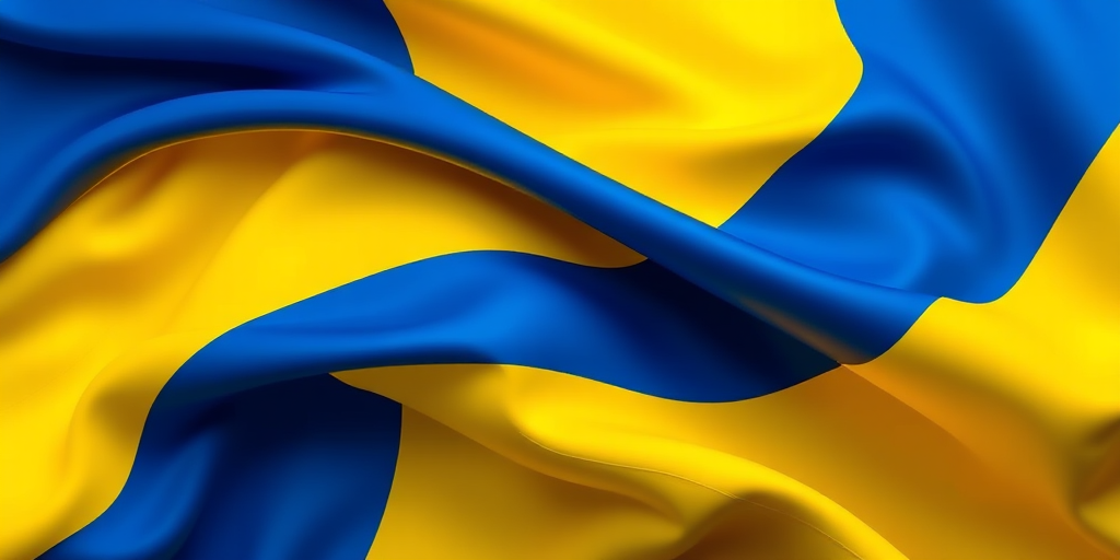 Generate an image of a flowing flag design, featuring the colors blue and yellow in smooth waves, captured with a DSLR camera at f/2.8, 1/125s, ISO 100, with a shallow depth of field and a macro lens for enhanced detail and vibrancy.
