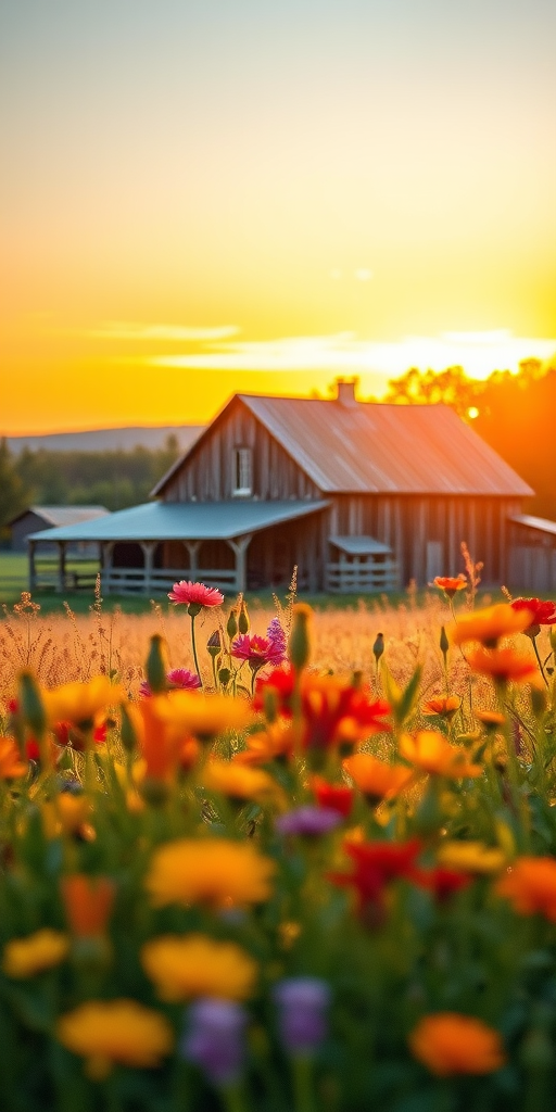 Generate a serene watercolor landscape image featuring a rustic farmhouse surrounded by vibrant wildflowers in soft focus during sunset, captured with a Canon EOS R5, using a 50mm f/1.8 lens at f/2.8, ISO 100, with a golden hour lighting effect and a slight vignette for depth.
