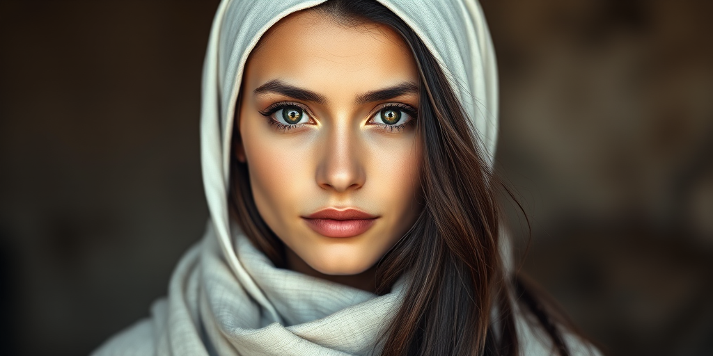 Create a portrait of a young Uzbek woman with long, dark hair and captivating hazel eyes. She is wearing a white headscarf and a matching scarf draped gracefully around her neck. The background is softly blurred, focusing attention on her serene and natural expression. The overall color palette is muted and warm, enhancing the intimate and authentic feel of the portrait.