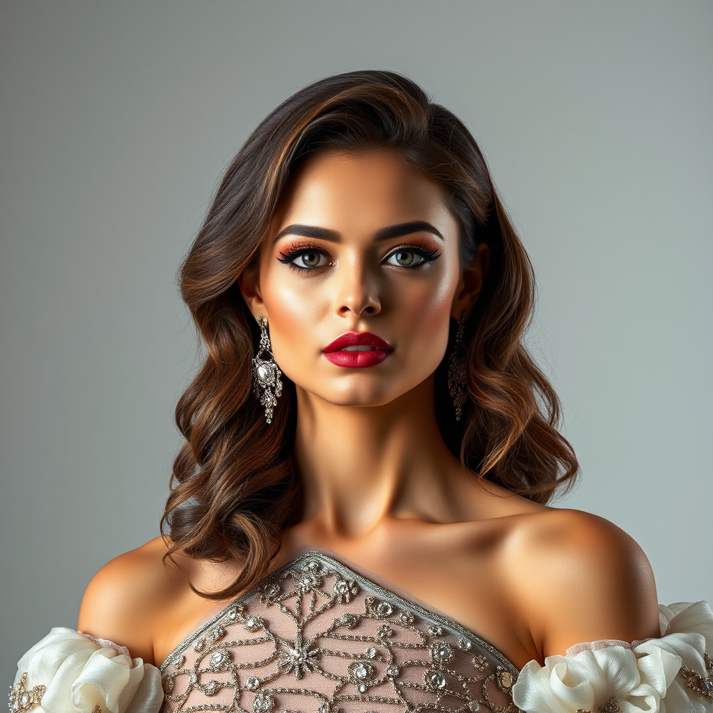 Studio portrait, female model, elegant couture dress, bold makeup, dramatic lighting, Utilize a 50mm portrait lens for crisp details and a soft background blur, 8k