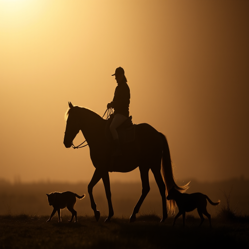 regenerate a silhouette of a person riding a horse with a dog walking beside them, use a DSLR camera with a 50mm lens, aperture set to f/2.8, shutter speed 1/200s, ISO 100, shot from a low angle to capture depth and enhance contrast.