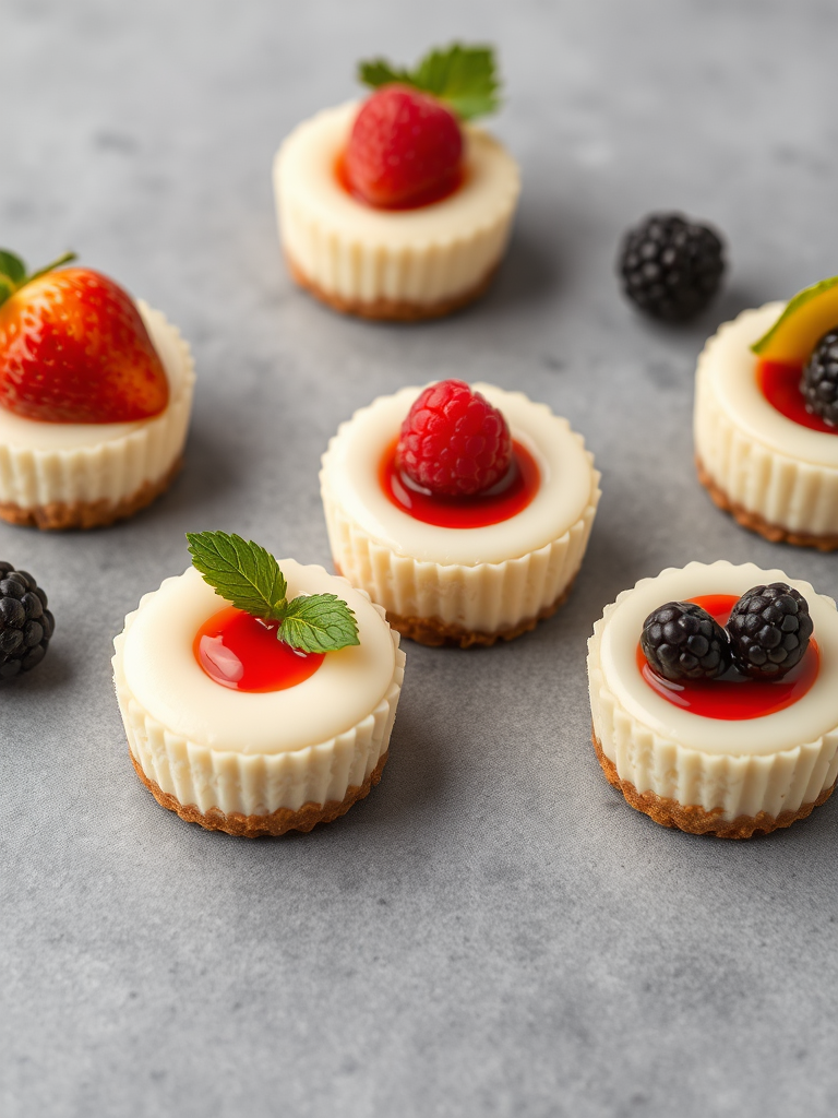 Create an image of miniature cheesecakes arranged on a gray surface each topped with different fruits such as a strawberry with leaves a raspberry and a blackberry with a red sauce in the center. The cheesecakes should have a crumbly crust and a smooth creamy filling with a decorative paper liner.
