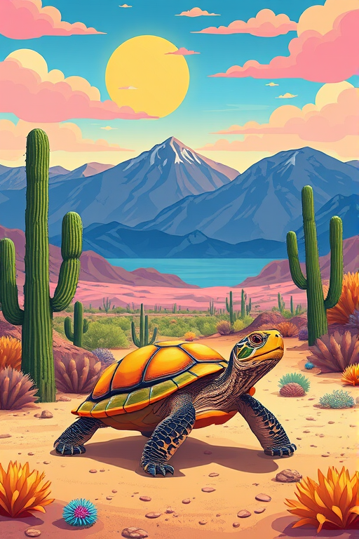 Create a vibrant illustration of a turtle in a desert landscape with cacti and mountains in the background, using a Canon EOS 5D Mark IV, 50mm lens, f/2.8 aperture, ISO 100, and vibrant colors for enhanced quality.