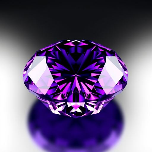 Create a high-quality 3D rendering of a purple diamond, featuring intricate geometric facets and a glossy finish, captured with a Canon EOS R5 at f/8, ISO 100, and a 50mm lens, in a studio setup with softbox lighting for even illumination and a black background for contrast.
