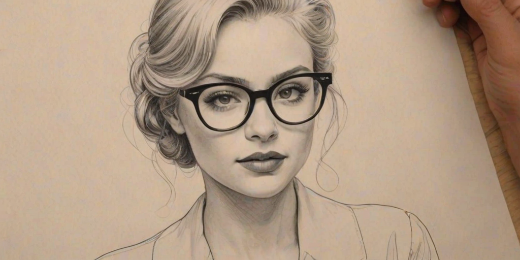 Delightful Emily Alyn Lind, pencil sketch, portrait of Stunning woman 1954s in glasses, hair style beatnik, outline, clear lines, fine lines, 8k