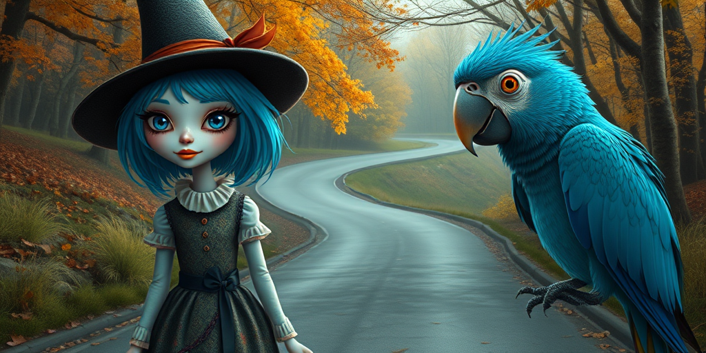 digital art fantasy depicting a strange girl with blue hair, long eyelashes, Yellow lipstick and a tall hat walking along a winding road on an autumn afternoon, an Parrot smiles as she passes