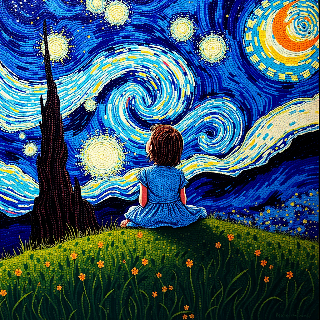A young girl sitting on a grassy hill, looking up at the starry night sky painted in the style of Vincent Van Gogh's famous "Starry Night". The entire image is composed of tiny dots, giving it a dreamlike and illusionary quality. The girl is surrounded by vibrant colors and swirls in the sky, with stars twinkling above her