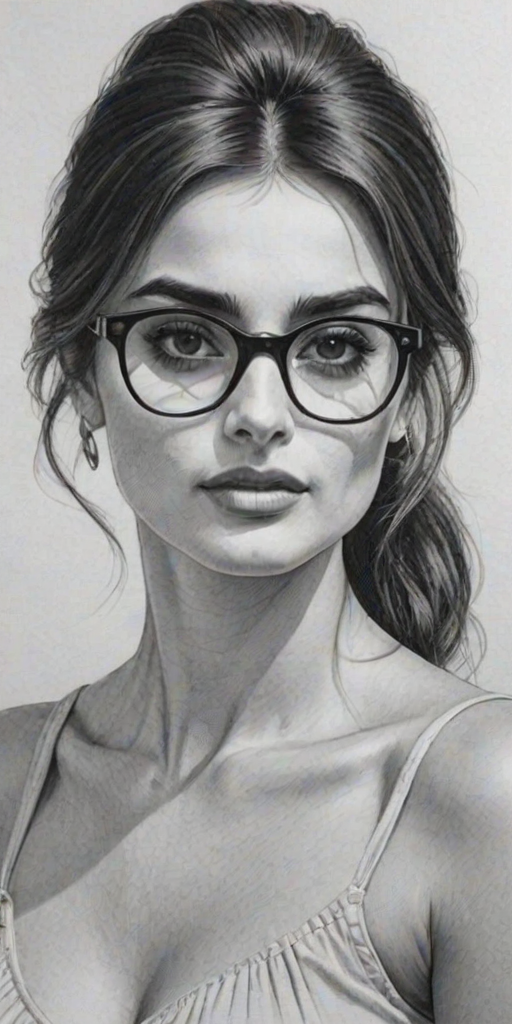 Radiant Pen'lope Cruz, pencil sketch, portrait of Stunning woman 1973s in glasses, hair style beatnik, outline, clear lines, fine lines, 8k