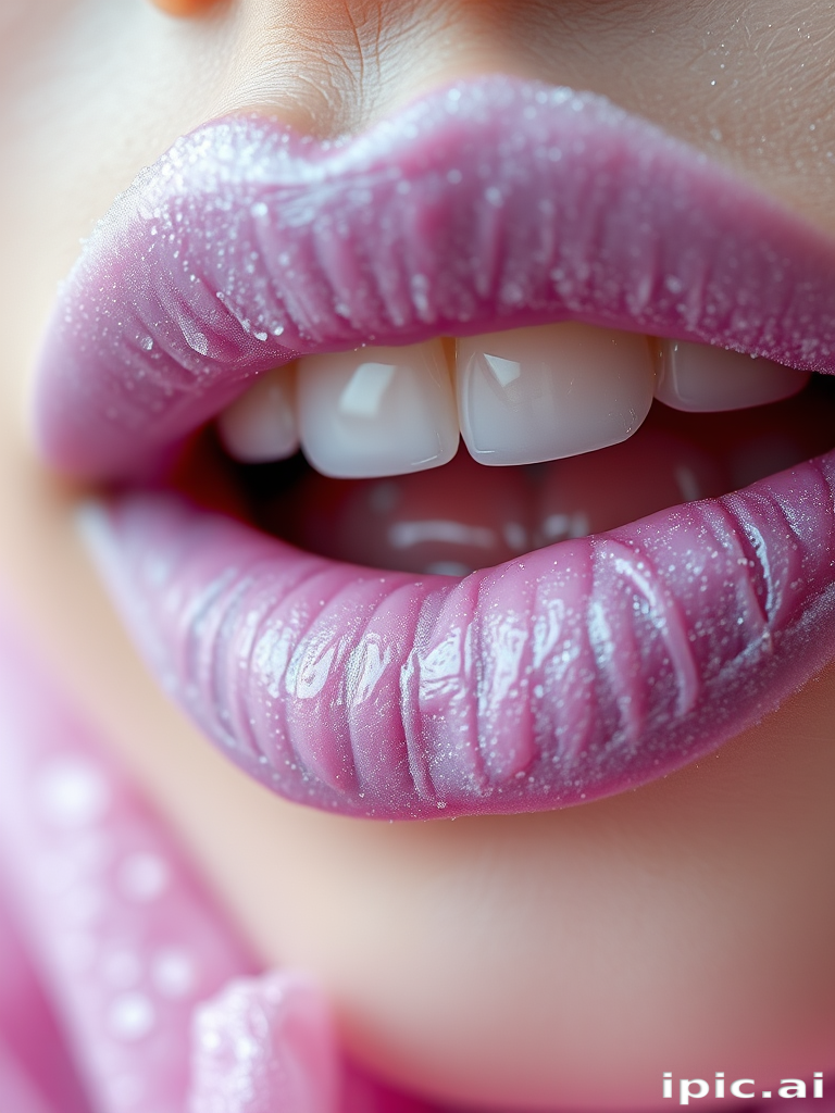 Frosted lilac lips with a subtle sparkle, ethereal and dreamy, evoking a sense of fantasy and whimsy in their delicate appearance