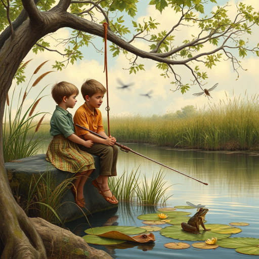 Imagine a small group of old fashioned young boys out fishing by the creek, a swing hanging from a tree branch, reeds and grasses by the water's edge, a frog sitting on a lily pad, dragonflies hovering over som water plans, a very iconic old fashioned scene reminiscent of a Norman Rockwell painting style