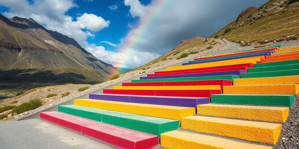 Regenerate the image of colorful steps in a mountainous area with a rainbow in the background, using a DSLR camera with a 24mm lens, aperture set to f/8, ISO 200, shooting in natural light from a low angle to capture the vibrant colors and surrounding landscape in vivid detail.