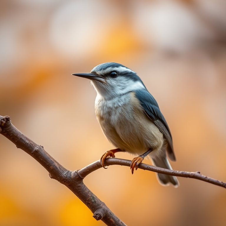 capture a close-up of a nuthatch bird on a branch with a blurred autumn background, use a DSLR camera with a 300mm lens, aperture f/4, shutter speed 1/1000s, ISO 200, natural light, focus on the bird with a shallow depth of field