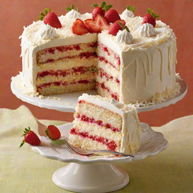 Generate an image of a moist layered cake with a rich cream frosting. The cake should have visible layers of light sponge and a fruity filling, possibly strawberry or raspberry, peeking through the frosting. The exterior should be generously covered in shredded coconut, adding texture and a tropical feel. The setting should be bright and inviting, highlighting the cake's delicious details.