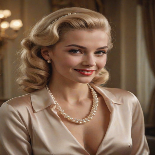 A beautiful Georgian woman reminiscent of 1950s Hollywood glamour, with perfectly styled blonde hair and a seductive smile, dressed in a satin blouse and adorned with pearls, soft and warm tones, photorealistic, 8K