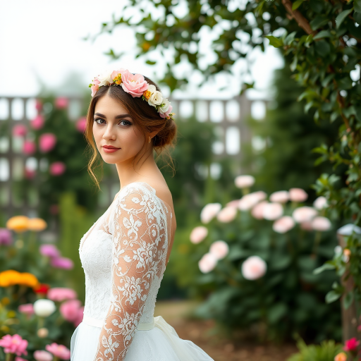 Garden scene, bridal model, delicate lace gown, floral headpiece, soft romantic focus, high-key lighting and an 85mm lens for soft, even tones that highlight the model’s face and bright outfit against a white or light background