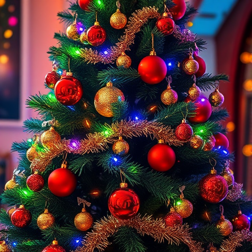 Create a vibrant and festive image of a Christmas tree decorated with colorful lights and a variety of ornaments. The tree should be lush and green, adorned with red baubles, golden accents, and shimmering tinsel. The background should have a warm glow, enhancing the cheerful holiday atmosphere.