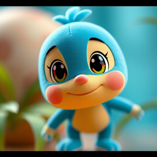 Capture a high-resolution image of a cute cartoon character with bright colors and expressive features using a DSLR camera, 50mm lens, aperture f/1.8, ISO 100, and a shallow depth of field for a soft background blur.