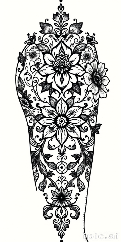Ornate blackwork lace tattoo, "Victorian Elegance," featuring intricate floral and geometric patterns inspired by vintage lace designs, using varying line weights and negative space to create depth and texture, perfect for adorning the shoulder, chest, or thigh