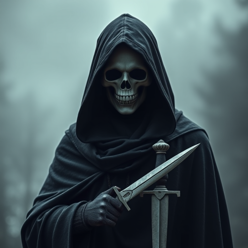 Generate an image of a hooded figure with a skull face wearing a dark cloak, holding a dagger, set against a misty gray background, using a DSLR camera, with a 50mm lens, aperture f/1.8, ISO 100, and a shallow depth of field for a dramatic effect.
