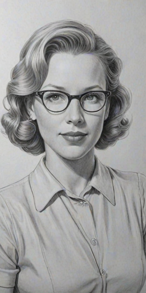 Fetching Jessica St. Clair, pencil sketch, portrait of Charming woman 1940s in glasses, hair style beatnik, outline, clear lines, fine lines, 8k