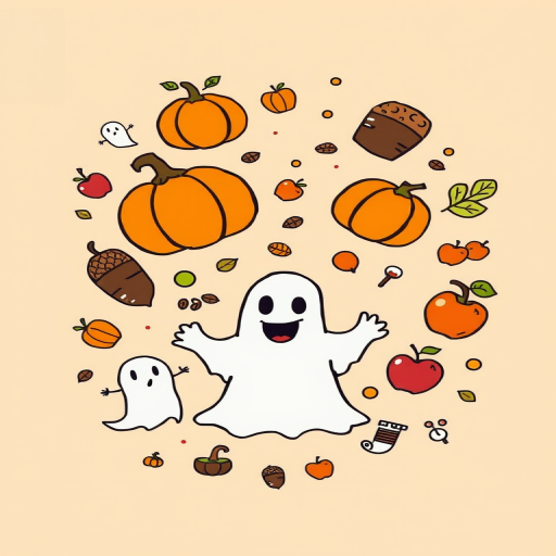 Create a colorful, whimsical illustration featuring autumn-themed doodles such as pumpkins, acorns, apples, and a ghost on a warm beige background, using a Canon EOS R5 with a 50mm lens at f/2.8, ISO 200, and a slight vignette effect.