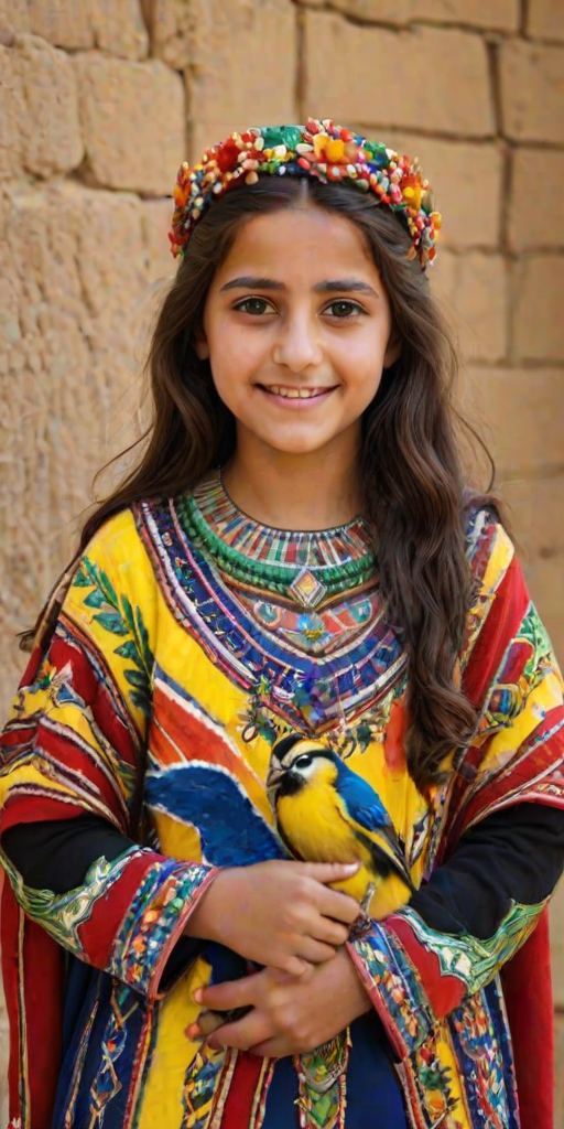 A beautiful Coptic girl, wearing colorful bird clothing with vibrant colors