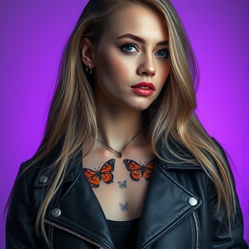 portrait of a young woman with long blonde hair wearing a leather jacket, vibrant butterfly tattoos visible on her neck, soft focus background with purple hues, 50mm lens, f/1.8 aperture, ISO 100, studio lighting, high-resolution digital photography