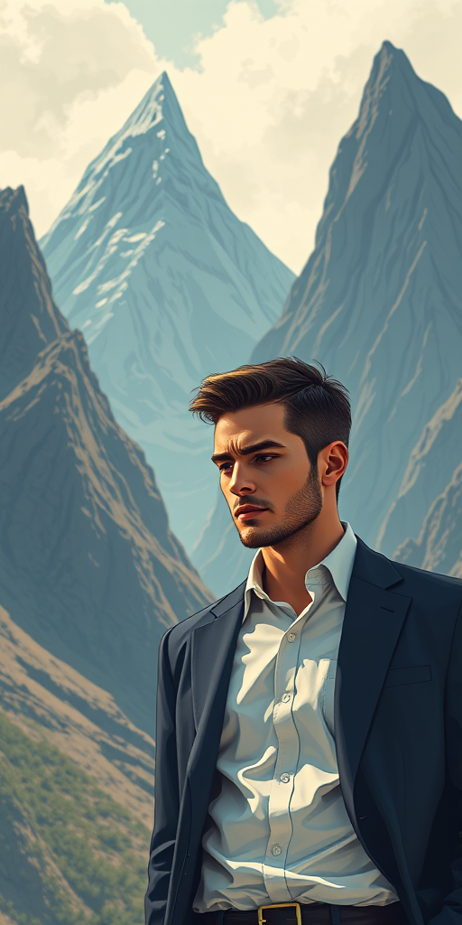 create a detailed illustration of a man in a suit looking downcast against a backdrop of sharp, jagged mountains, using a digital painting style with high contrast colors and dynamic lines, set at 35mm focal length, f/5.6 aperture, ISO 100, in an isometric view, simulated with soft lighting to enhance texture and depth