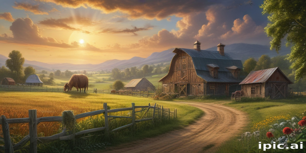 Serene Sunrise Over a Picturesque Farm with Rolling Hills and Grazing Horse