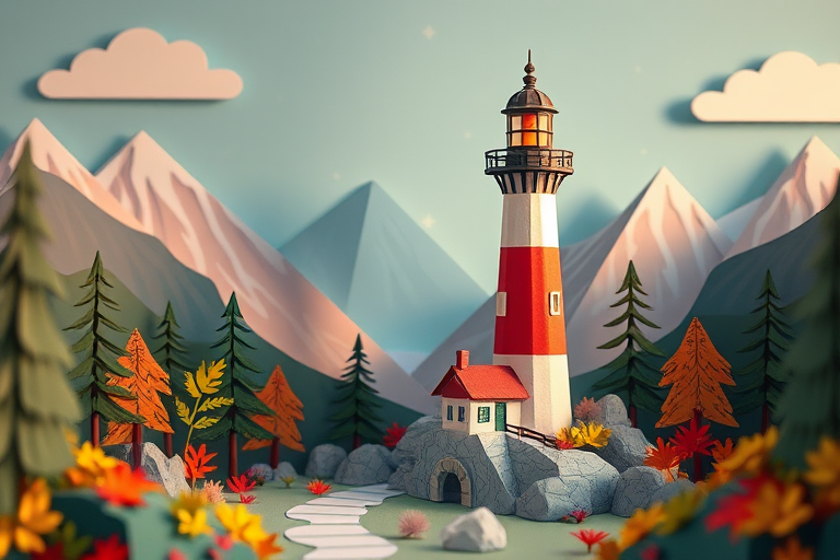 Create a whimsical paper craft lighthouse scene surrounded by mountains and foliage, captured with a Canon EOS R5 at f/2.8, ISO 100, 1/200s, using a wide-angle lens with a soft, diffused lighting style to enhance colors and shadows.