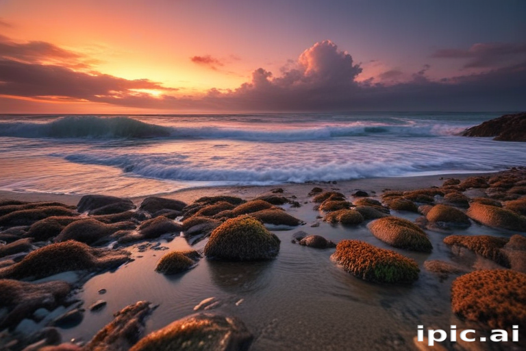 Tranquil Sunset Over the Ocean with Rocks and Gentle Waves