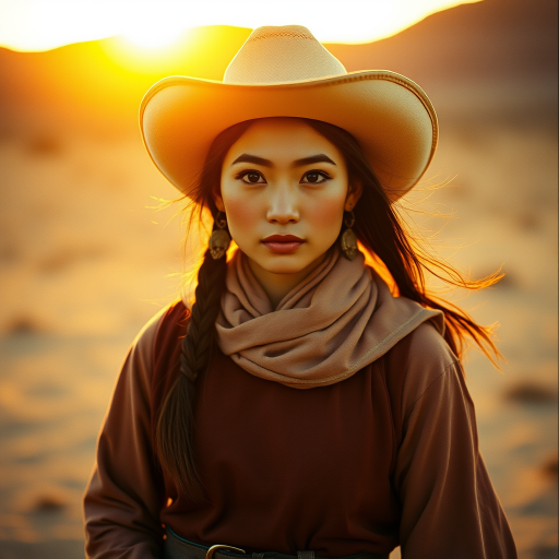 Dramatic photo of a beautiful Tibetan woman, classic cowboy attire, confident and free spirit expression, half-length portrait, centered, golden hour desert landscape, warm, diffused light, low angle, medium format film camera, in style of Annie Leibovitz.
