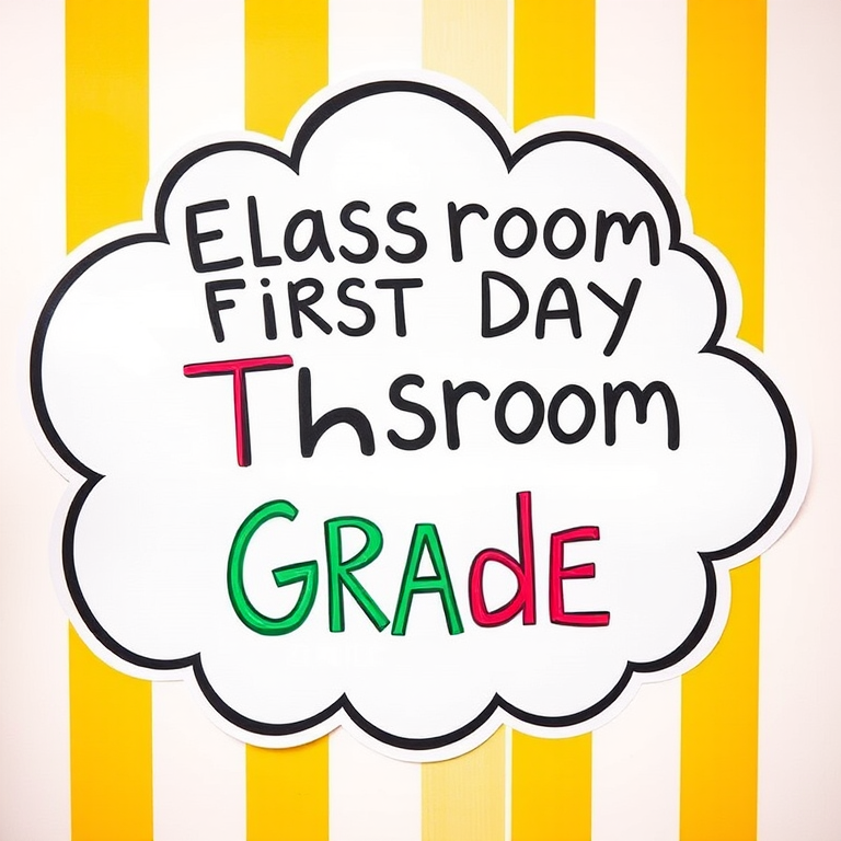 Colorful classroom sign for the first day of third grade featuring a playful cloud design with hand-drawn style, vibrant yellow and white striped background, captured with a DSLR camera, 50mm lens, f/2.8 aperture, ISO 100, natural lighting, centered composition.