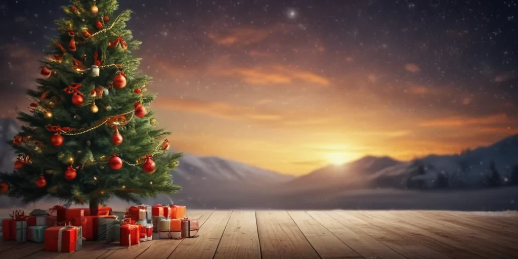 Festive Christmas Tree Adorned with Ornaments Surrounded by Colorful Gifts
