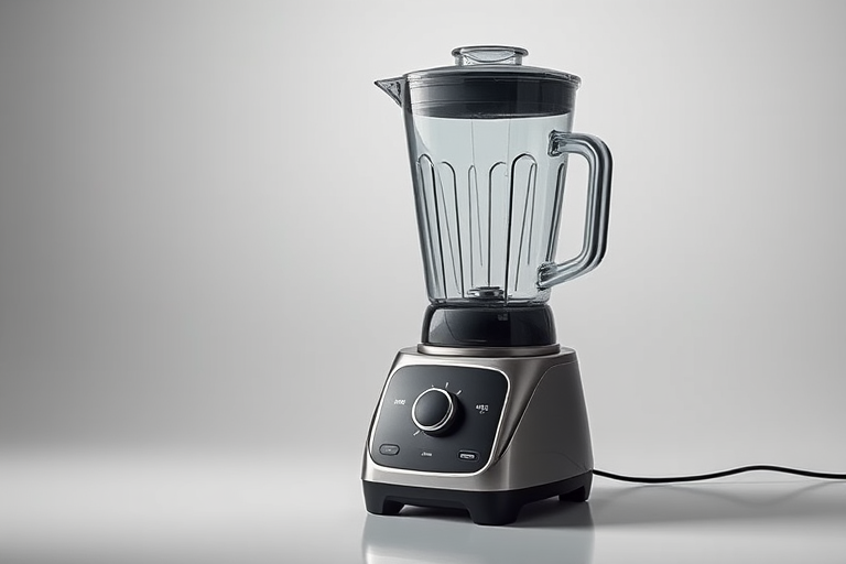 Create a high-resolution, minimalist graphic of a blender with a sleek design, using a 50mm lens, f/2.8 aperture, ISO 100, and a studio lighting setup to enhance details and colors.