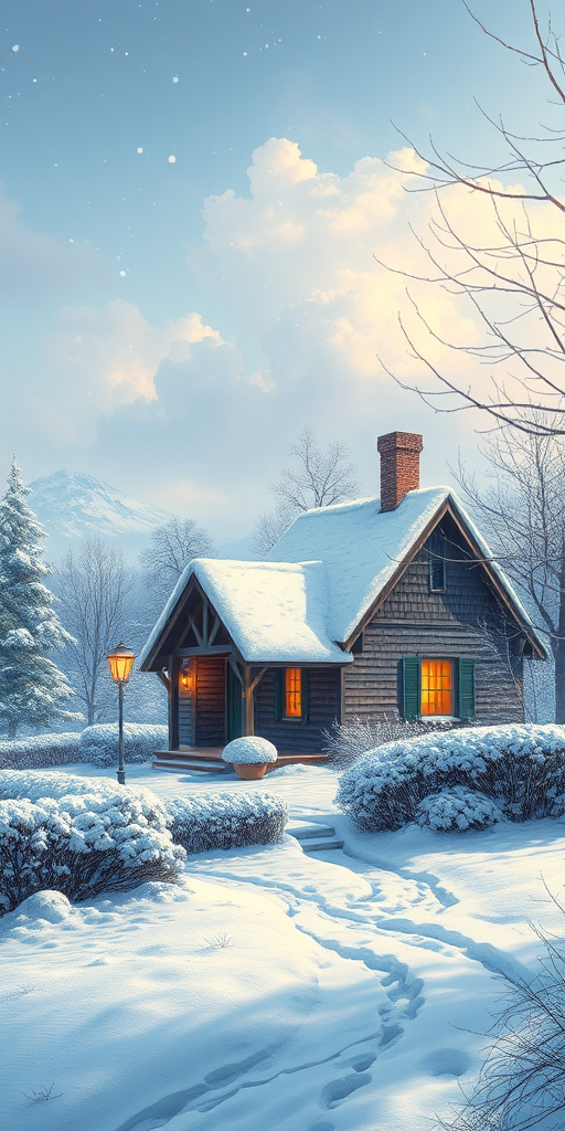 Create a highly detailed illustration of a snow-covered cottage in a winter landscape, using a Canon EOS R5 with a 24-70mm f/2.8 lens, aperture set to f/8 for maximum depth of field, shot from a slightly elevated angle to capture the surroundings, ensuring vibrant colors and sharp details.
