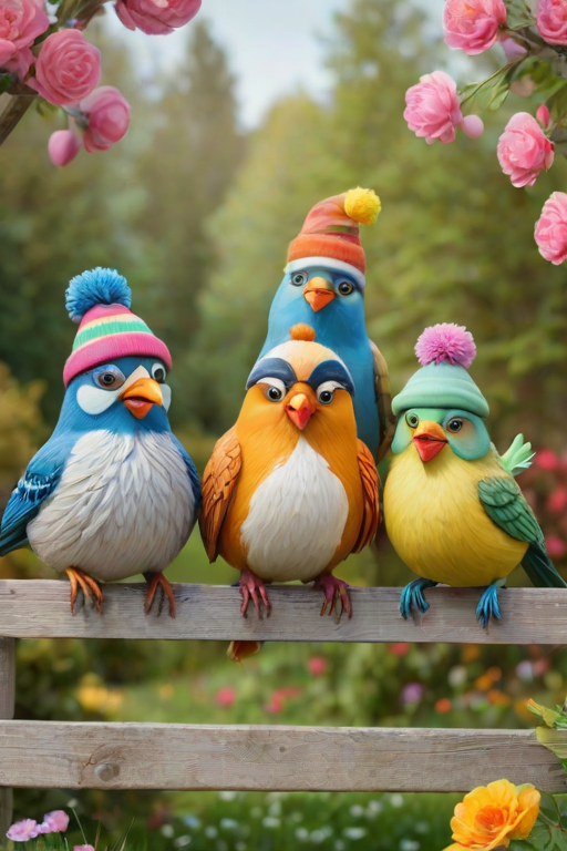 create a scene of 4 quirky  whimsical colourful comical birds each with a funny expression. they are sat on a wooden fence with colourful flowers. they are all different sizes. each one is a different colour  one is wearing a woolly hat. Each one has a different quirky google expression and there is a muted background of trees watercolour paintierly style high definition 8k resolution 3D paper mache